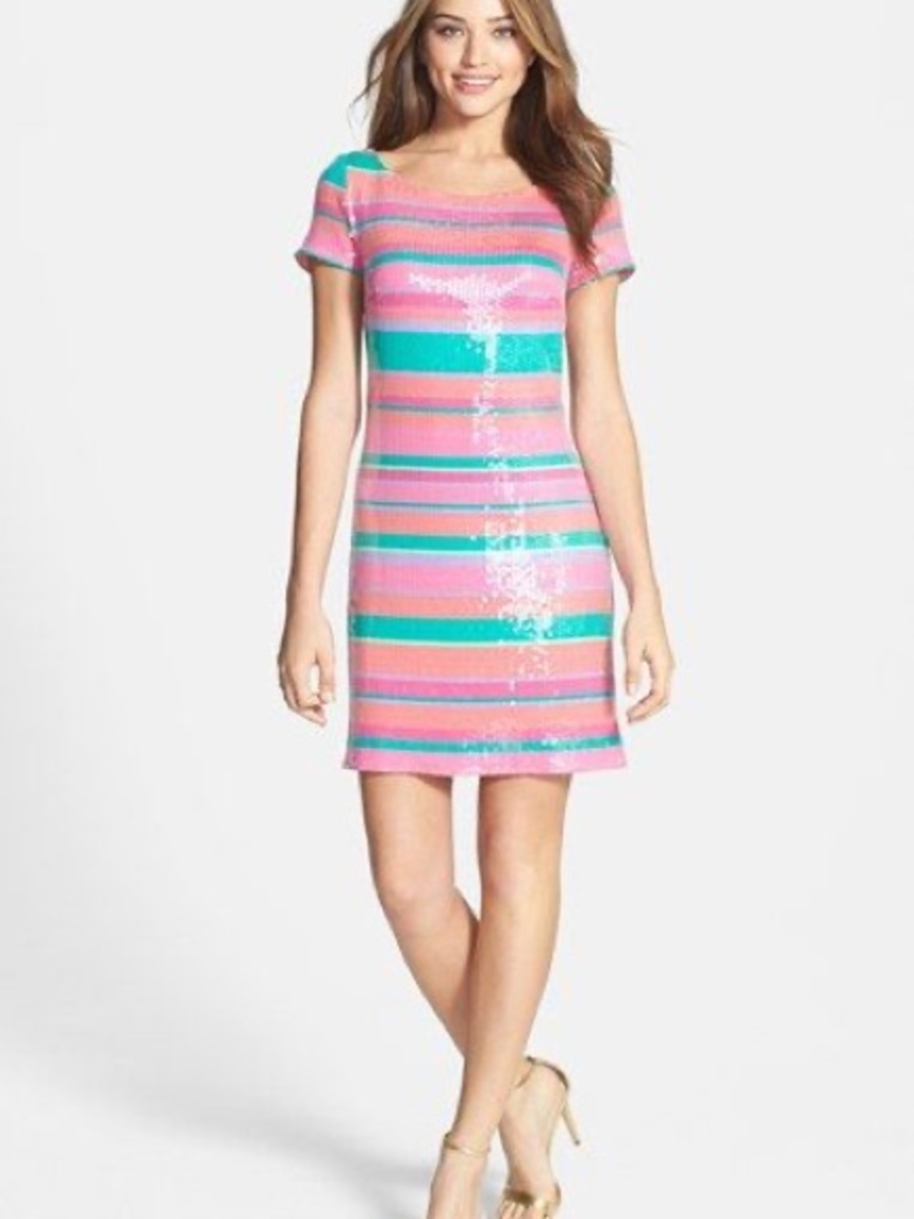 Laundry by Shelli Segal Sequin Multi-color Stripe Shift Dress 8 calypso coral